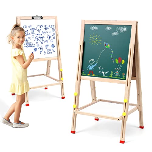 ABOUT SPACE Kids Writing Board - Portable Double Sided Wooden Easel Whiteboard & Chalkboard