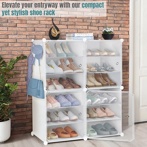 ABOUT SPACE Shoe Rack Organizer - 12 Layer Shoe Stand With Hanger & Door - DIY 24 Pair Portable, Expandable 4 Cube Shoe Stand (White)
