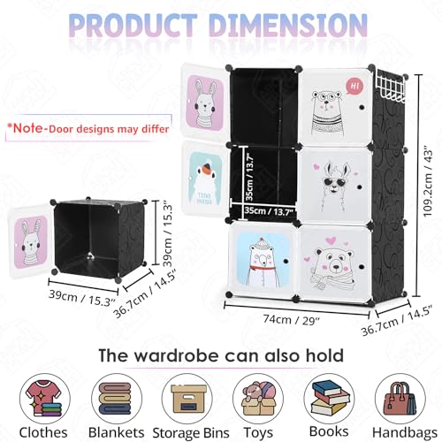 ABOUT SPACE Kids Wardrobe - DIY 6 Cube Kids Almirah with Cartoon Door, Side Hanger, Door Magnet & Hamer - Collapsible Baby Clothes Organizer for Bedroom | Storage for Baby Clothes Boys Girls -Black