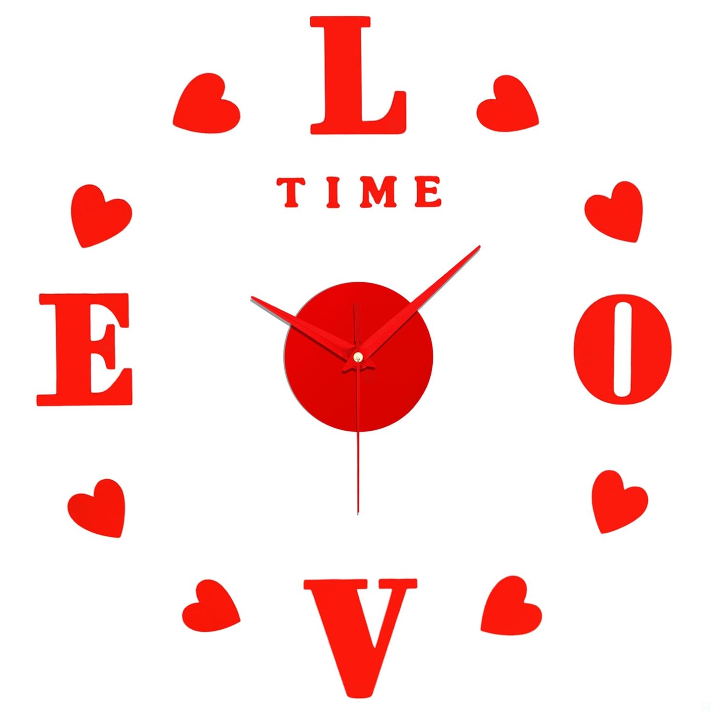 ABOUT SPACE Wall Clock - DIY Wall Sticker Clock Self Adhesive, Non-Ticking, Frameless, Acrylic Analog Watch Adjustable Size for Living Room, Bedroom, Office (Red - Letters, Hearts)