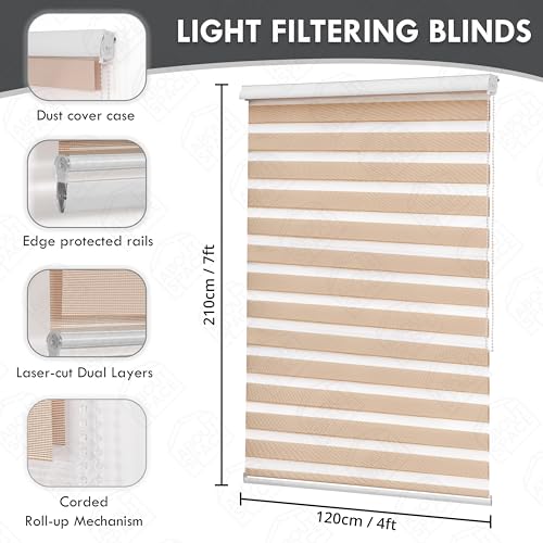 ABOUT SPACE Window Blinds - 4 x 7 ft Zebra Roller Blinds for Windows for Light Filtering, Privacy, UV Protection Corded Roll Up Curtain Window Shades for Home, Office, Living Room Kitchen - Brown