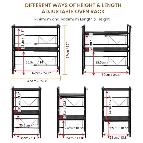 ABOUT SPACE Kitchen Storage Rack -2 Tier Expandable & Height Adjustable Microwave Stand with Hooks Black - L 64.5 x B 36.5 x H 77 cm