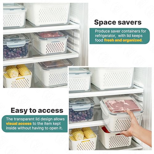 ABOUT SPACE 4 Pcs Fridge Storage Boxes with Removable Strainer (4150 ml, 2850 ml, 1600 ml & 750 ml)