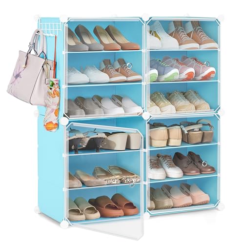 ABOUT SPACE Shoe Rack Organizer - 18 Layer Shoe Stand with Hanger & Door - DIY 36 Pair Portable, Expandable 2 Way (Vert/Horiz) Assembly 6 Cube Shoe Stand (Blue)
