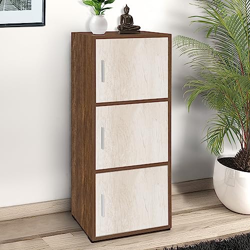 ABOUTSPACE Wooden Cabinet - 3 Tier Engineered Wood Storage Cabinet with Magnetic Door (Walnut -L 38 x B 38 x H 100.5 cm)