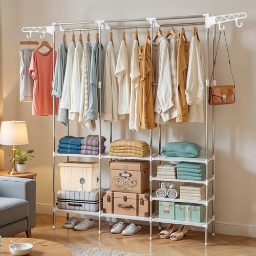 ABOUT SPACE Three Column Cloth Stand - Freestanding Metal Garment Rack with 8 Fabric Shelves & Side Hooks - Cloth Rack for Bedroom, Living Room, Walkin Closet (White L 161.5 x B 35 x H 176 cm)