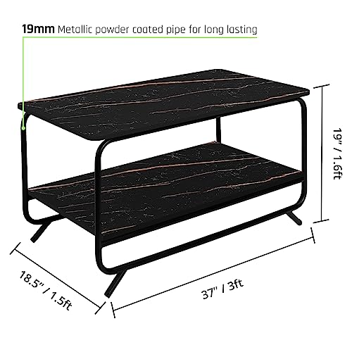 ABOUT SPACE Coffee Table - 2 Tier Space Saving Living Room Furniture with Metal Frame & Adjustable Bushes (Black Marble-L 92.5 x B 47 x H 48cm)