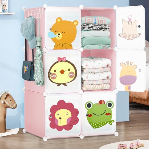 ABOUT SPACE Kids Wardrobe - DIY 6 Cube Kids Almirah with Cartoon Door, Side Hanger, Door Magnet & Hamer - Collapsible Baby Clothes Organizer for Bedroom | Storage for Baby Clothes Boys Girls - Pink