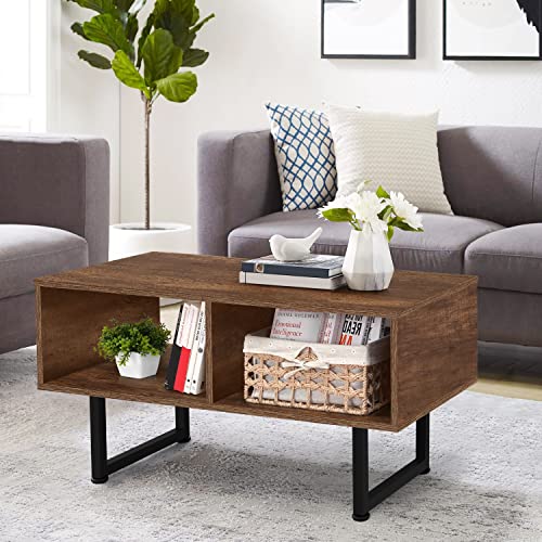 ABOUT SPACE Coffee Table with Storage - Portable Wooden Center Table with Metal Stand & Open Rack L 3 X B 1.5 X 1.5 Ft - Brown