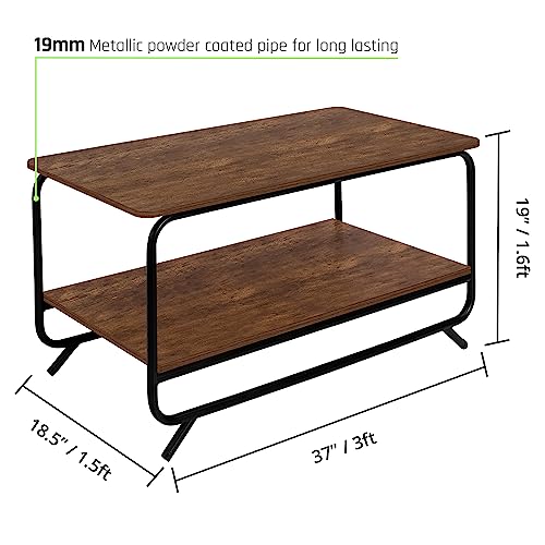 ABOUT SPACE Coffee Table - 2 Tier Space Saving Living Room Furniture with Metal Frame & Adjustable Bushes (Brown - L92.5 x B47 x H48 cm)