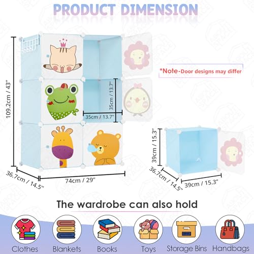 ABOUT SPACE Kids Wardrobe - DIY 6 Cube Kids Almirah with Cartoon Door, Side Hanger, Door Magnet & Hamer - Collapsible Baby Clothes Organizer for Bedroom | Storage for Baby Clothes Boys Girls - Blue