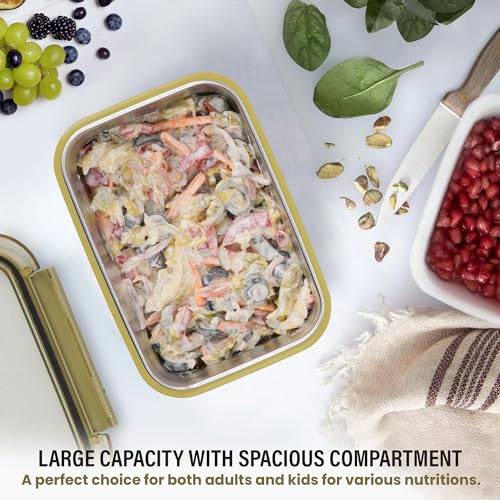 ABOUT SPACE Lunch Box - 1000 ml Insulated Tiffin Box with Spoon & Silicon Gaskets Lid, Leak-Proof (Green-L 20 x B 14 x H 7 cm)