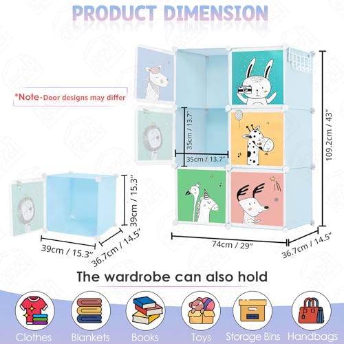 ABOUT SPACE Kids Wardrobe - DIY 6 Cube Kids Almirah with Cartoon Print Door, Side Hanger, Door Magnet & Hamer - Collapsible Baby Clothes Organizer for Bedroom | Storage for Clothes Boys Girls - Blue