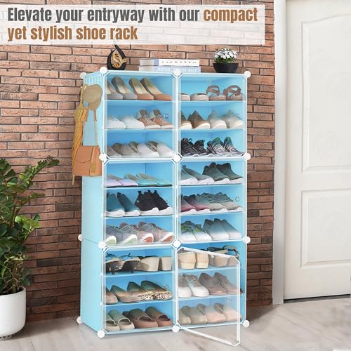 ABOUT SPACE Shoe Rack Organizer - 18 Layer Shoe Stand with Hanger & Door - DIY 36 Pair Portable, Expandable 2 Way (Vert/Horiz) Assembly 6 Cube Shoe Stand (Blue)