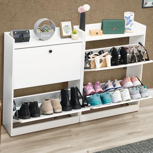 ABOUT SPACE Shoe Rack for Home - 3 Ft 4 Tilt Out Door Slim Shoe Cabinet | 25-30 Pairs Vintage Slipper Stand with Anti-Tipping Protection & Removable/Adjustable Panels - Engineered Wood - White