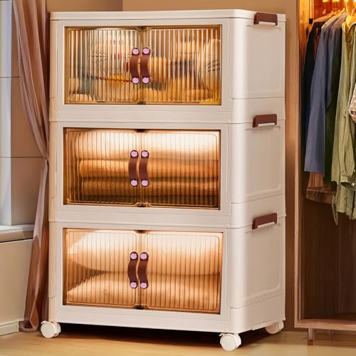 ABOUT SPACE Plastic Cupboard for Storage - 3 Tier DIY Foldable Cupboard with Door, Caster & Roller Wheels (L 48.5 x B 29 x H 86cm)