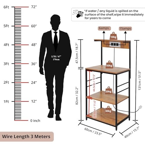 B0CDWMW1R4 ABOUT SPACE 4 Tier Kitchen Rack with Plug Point (4.3 Ft) - Engineered Wood Floor Standing Storage Shelf with Sturdy Metal Frame for Living Room, Multipurpose Bakers Rack L 2 x B 1.3 Ft - Wood Colour
