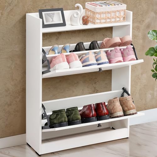ABOUT SPACE Shoe Rack for Home - 3 Ft 2 Tier Tilt Out Door Slim Shoe Cabinet | 12-15 Pairs Vintage Slipper Stand with Anti-Tipping Protection & Removable/Adjustable Panels - Engineered Wood - White