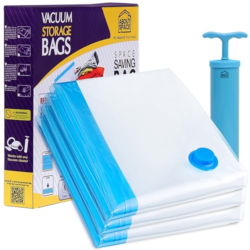 ABOUT SPACE 3 Pack Vacuum Bags for Travel with Hand Pump (3-2X Jumbo) Airtight, Reusable Space Saver Compression Storage Bags for Packing, Vaccine Sealer Bags with Ziplock for Comforters Blanket