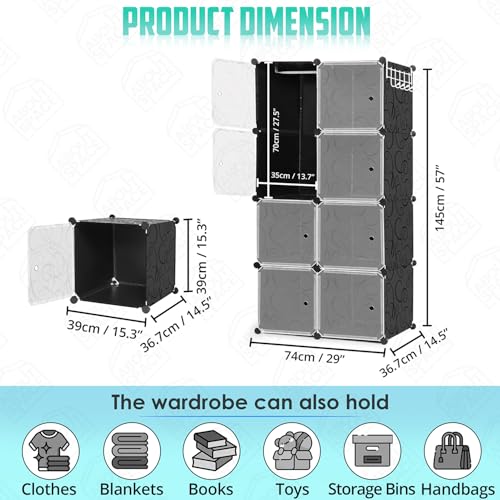 ABOUT SPACE Collapsible Wardrobe - DIY 8 Cube Plastic Almirah for Clothes with Doors, Side Hanger, Clothes Hanger, Door Magnet & Hamer- Foldable Wardrobe for Storage for Home | Storage Organizer-Black