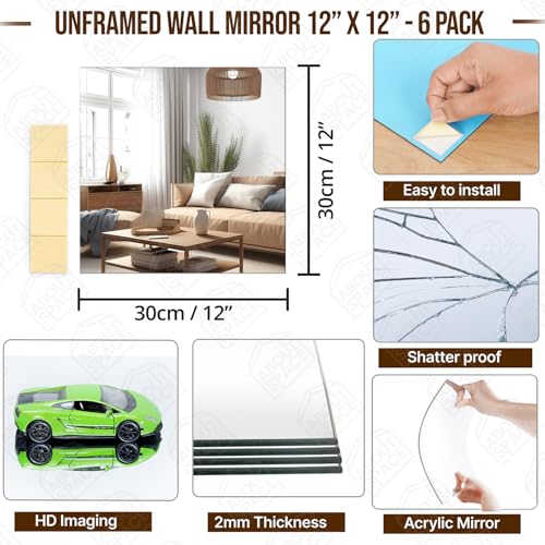 ABOUT SPACE 2mm Thickness Acrylic Wall Mirror 6 Pcs Full Length 12X12Inch Glass Mirror for Wall with Double Tape Frameless Flexible Square Shaped Bedroom Home Gym Bathroom Vanity Mirror (30X30cm)
