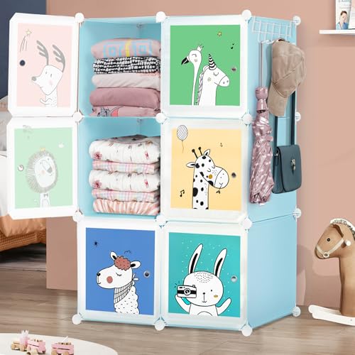 ABOUT SPACE Kids Wardrobe - DIY 6 Cube Kids Almirah with Cartoon Print Door, Side Hanger, Door Magnet & Hamer - Collapsible Baby Clothes Organizer for Bedroom | Storage for Clothes Boys Girls - Blue