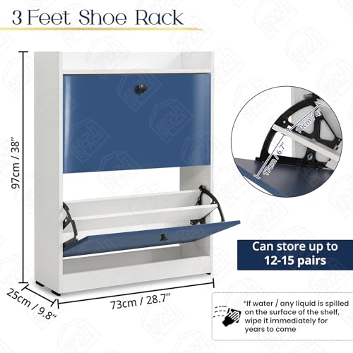 ABOUT SPACE Shoe Rack for Home - 3 ft 2 Tier Tilt Out Door Semi-UV Gloss Laminate DIY Engineered Wood Shoe Cabinet - Anti-tip Protection Removable Adjustable Panels for 12-15 Pairs - Blue & White