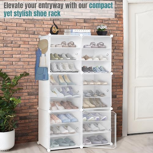 ABOUT SPACE Shoe Rack Organizer - 18 Layer Shoe Stand with Hanger & Door - DIY 36 Pair Portable, Expandable 2 Way (Vert/Horiz) Assembly 6 Cube Shoe Stand (White)