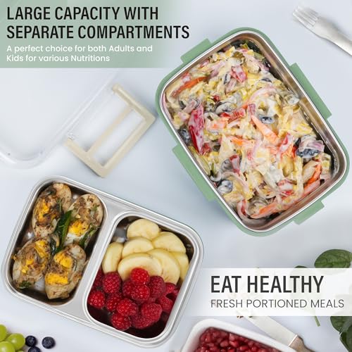 ABOUT SPACE Lunch Box - 2 Tier Compartment 1200ml Insulated Tiffin Box with Silicon Gaskets Lid, No Leak-Proof (Green L 17 x B 11.5 x H 9.5 cm)