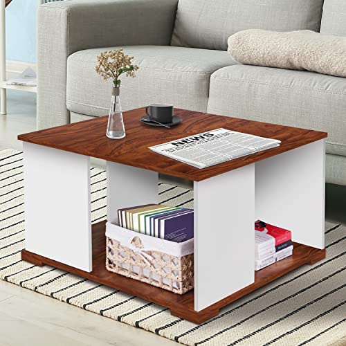 ABOUT SPACE Coffee Table - Portable Wooden Centre Table with Storage & Open Rack - (White & Oak Red - L 75 x B 75 x H 41 cm)