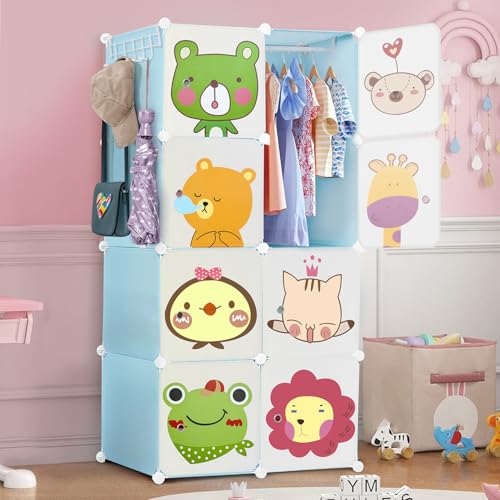 ABOUT SPACE Kids Wardrobe - DIY 8 Cube Kids Almirah with Cartoon Door, Side Hanger, Cloth Hanger, Door Magnet & Hamer - Collapsible Baby Clothes Organizer| Storage for Baby Clothes Boys Girls - Blue
