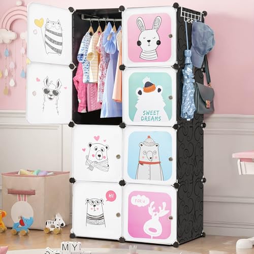 ABOUT SPACE Kids Wardrobe - DIY 8 Cube Kids Almirah with Cartoon Door, Side Hanger, Cloth Hanger, Door Magnet & Hamer - Collapsible Baby Clothes Organizer| Storage for Baby Clothes Boys Girls - Black