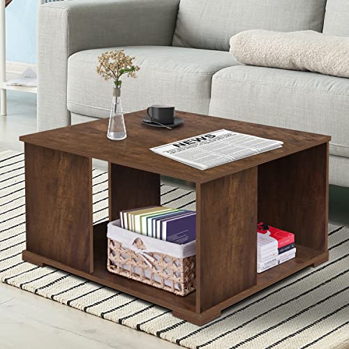 ABOUT SPACE Coffee Table - Portable Wooden Centre Table with Storage & Open Rack (Brown- L 75 x B 75 x H 41 cm)
