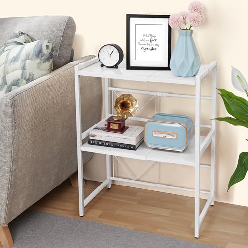 ABOUT SPACE Kitchen Storage Rack -2 Tier Expandable & Height Adjustable Microwave Stand with Hooks White - L 64.5 x B 36.5 x H 77 cm