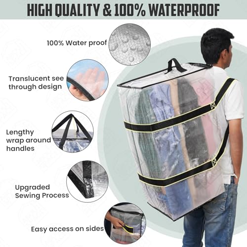 B0DP97CXRC ABOUT SPACE 2 Pcs Extra Large Moving Bag 105 L Storage Bags for Clothes Large - PP Packing Bags for Shifting- Organizer Bag for Books, Blanket Cover Bag with Wrap Around Handles & Zipper - Transparent