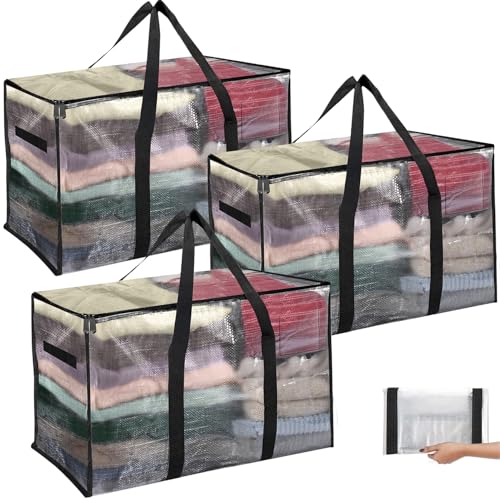 B0DP9FXH65 ABOUT SPACE 3 Pcs Extra Large Moving Bag 105 L Storage Bags for Clothes Large - PP Packing Bags for Shifting- Organizer Bag for Books, Blanket Cover Bag with Wrap Around Handles & Zipper - Transparent