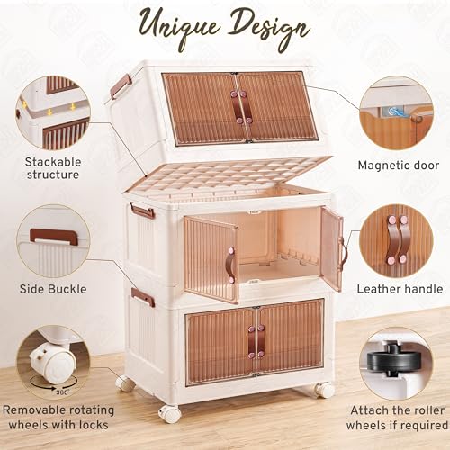 ABOUT SPACE Plastic Cupboard for Storage - 3 Tier DIY Foldable Cupboard with Door, Caster & Roller Wheels (L 48.5 x B 29 x H 86cm)