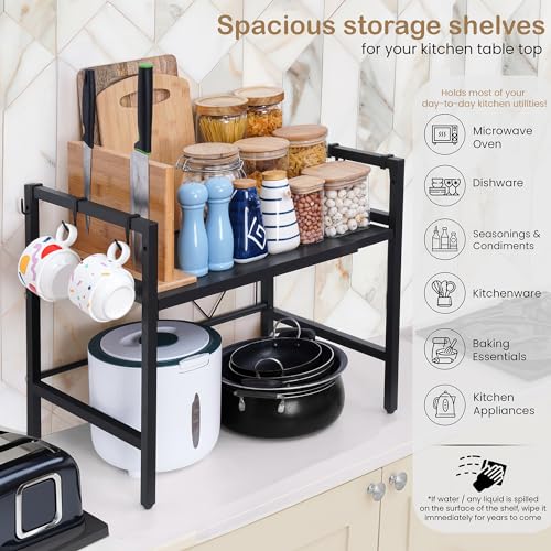 ABOUT SPACE Kitchen Storage Rack - Expandable & Height Adjustable Microwave Stand with Hooks - Black -L65 x B36.5 x H46 cm