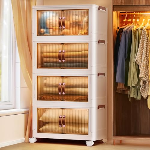 ABOUT SPACE Plastic Cupboard for Storage - 4 Tier DIY Foldable Cupboard with Door, Caster & Roller Wheels (L 48.5 x B 29 x H112cm)
