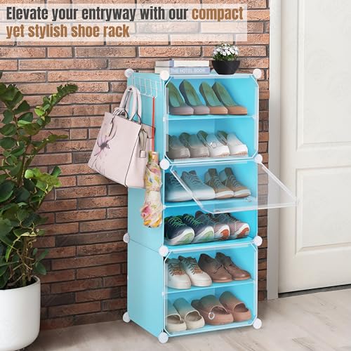 ABOUT SPACE Shoe Rack Organizer - 6 Layer Shoe Stand With Hanger & Door - DIY 12 Pair Portable, Expandable 3 Cube Shoe Stand (Blue)