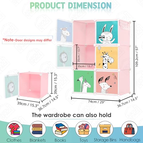 ABOUT SPACE Kids Wardrobe - DIY 6 Cube Kids Almirah with Cartoon Print Door, Side Hanger, Door Magnet & Hamer - Collapsible Baby Clothes Organizer for Bedroom | Storage for Clothes Boys Girls - Pink