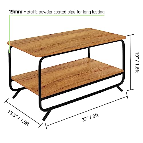 ABOUT SPACE Coffee Table - 2 Tier Space Saving Living Room Furniture with Metal Frame & Adjustable Bushes (Teak Color- L 92.5 x B 47 x H 48 cm)