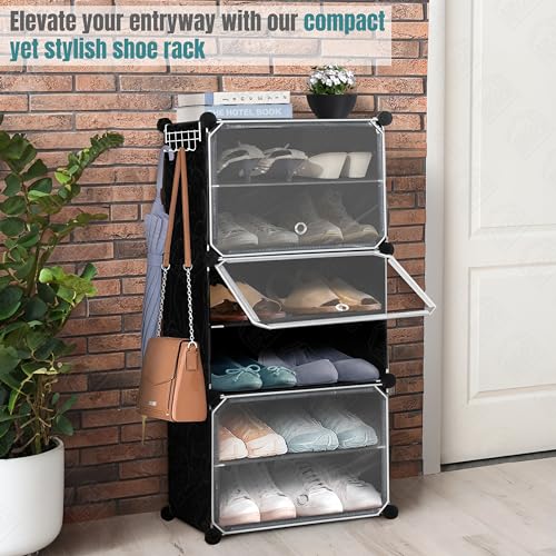 ABOUT SPACE Shoe Rack Organizer - 6 Layer Shoe Stand With Hanger & Door - DIY 12 Pair Portable, Expandable 3 Cube Shoe Stand (Black)