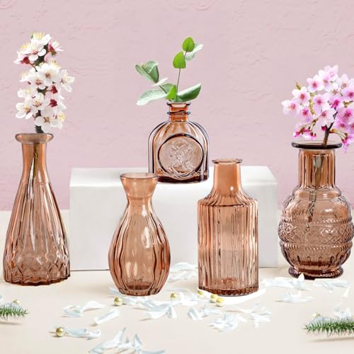 ABOUT SPACE Glass Bud Flower Vase – Pack of 5 Glass Centrepiece Mini Flower Vase - Brown