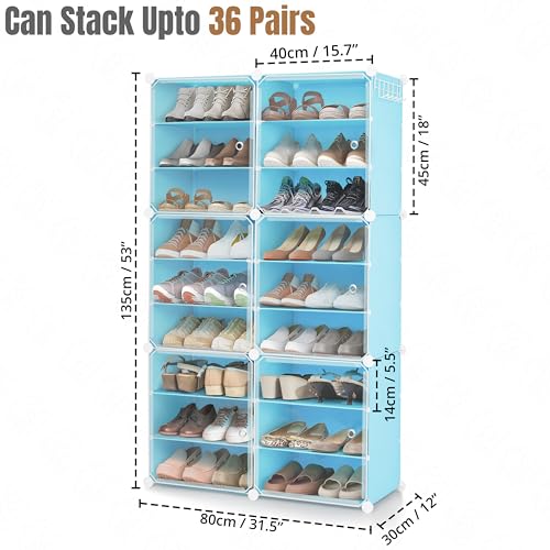 ABOUT SPACE Shoe Rack Organizer - 18 Layer Shoe Stand with Hanger & Door - DIY 36 Pair Portable, Expandable 2 Way (Vert/Horiz) Assembly 6 Cube Shoe Stand (Blue)