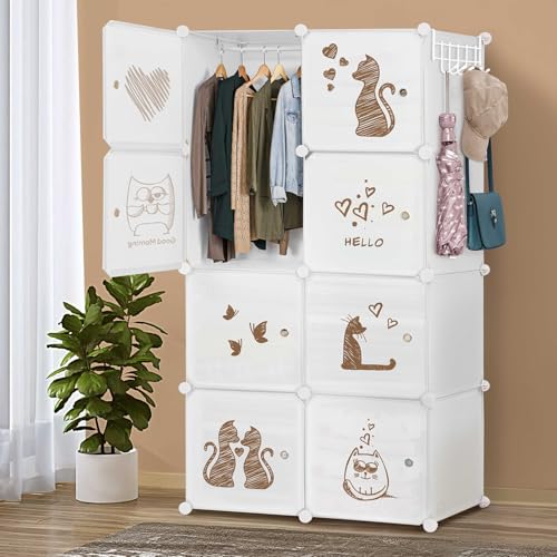 ABOUT SPACE Collapsible Wardrobe - DIY 8 Cube Plastic Almirah for Clothes with Printed Door Side Hanger Cloth Hanger Door Magnet & Hamer- Foldable Wardrobe for Storage for Home|Storage Organizer-White