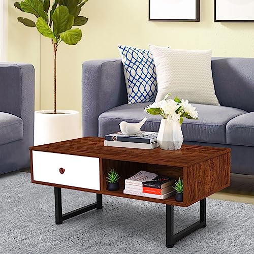 ABOUT SPACE Space Saving Coffee Table with Drawer, Storage Compartment & Metal Legs (Oak Red - L 92 x B 45 x H 38.5 cm)