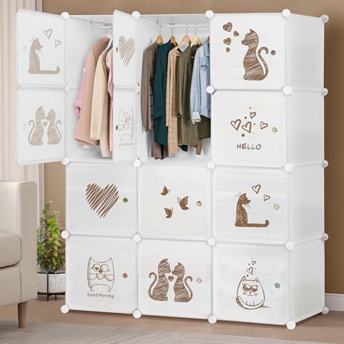 ABOUT SPACE Collapsible Wardrobe - DIY 12 Cube Plastic Almirah for Clothes with Printed Doors, 2 Clothes Hanger, Door Magnet & Hamer- Foldable Wardrobe for Storage for Home | Storage Organizer - White