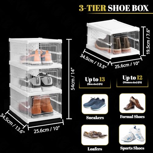ABOUT SPACE Shoe Box- 3 Tier Transparent Shoe Rack - Collapsible Shoe Organiser with Door-Foldable (L 25.6 x B 34.5 x H 54 cm)