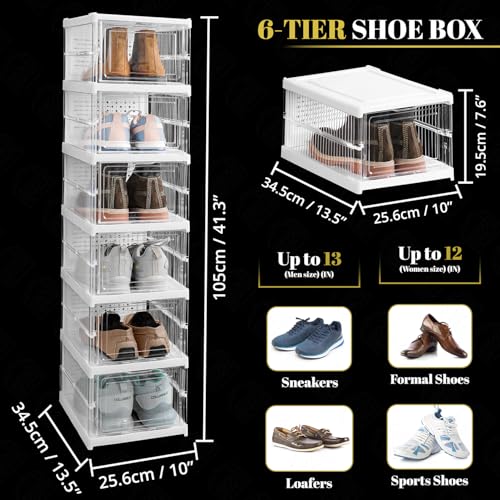 ABOUT SPACE Shoe Box- 6 Tier Transparent Shoe Rack - Collapsible Shoe Organiser with Door - Foldable (L 25.6 x B 34.5 x H 105cm)